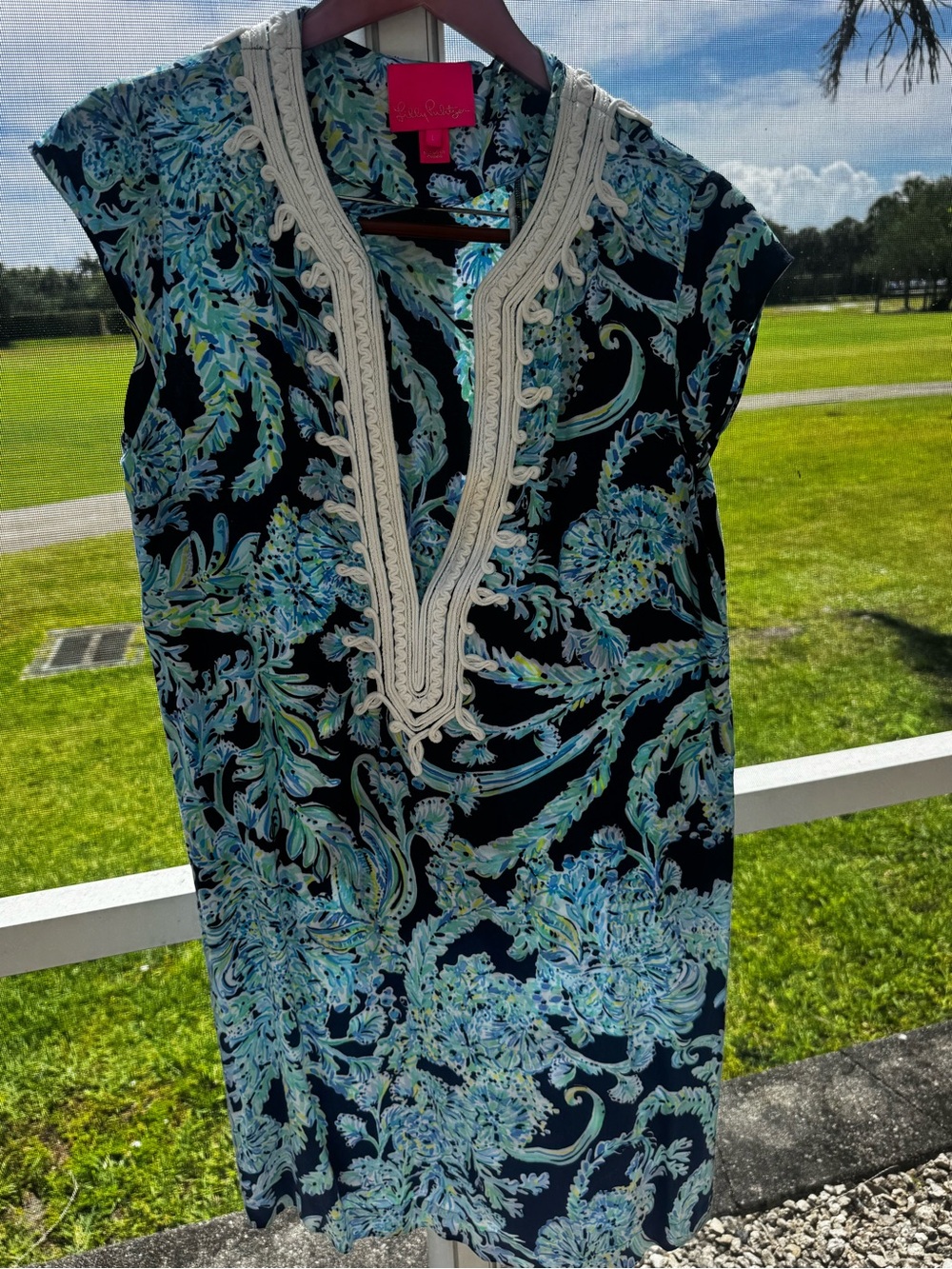 Lilly Pulitzer Black Floral Midi Dress with Aqua and Blue Print
